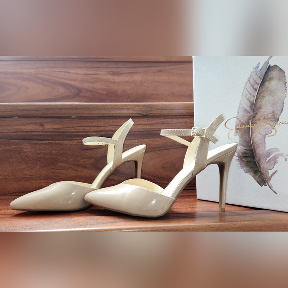 JESSICA SIMPSON HENREA CHAI LATTE PATENT ANKLE STRAP SANDALS - Picture 8 of 13